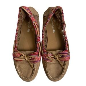 American Eagle Brown Suede Moccasin Flats Boho Woven Trim Bow Slip On Size 7